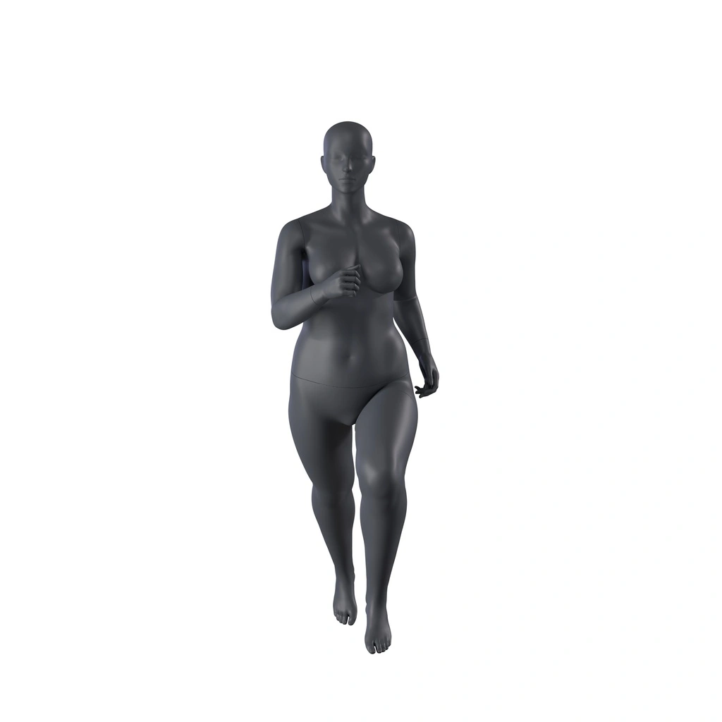 Lopende volslanke sport dames mannequin, grafiet grijs, gestilleerd hoofd, staande pose 32