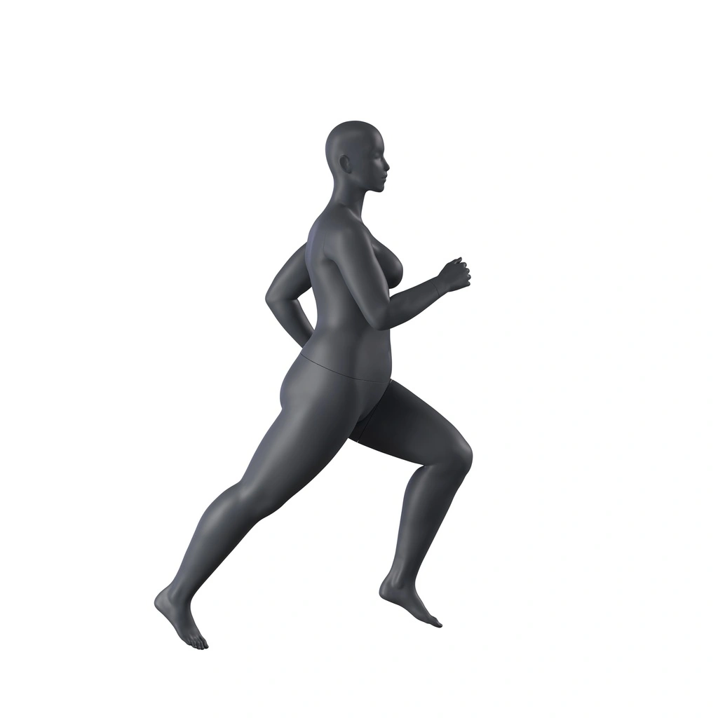 Lopende volslanke sport dames mannequin, grafiet grijs, gestilleerd hoofd, staande pose 32