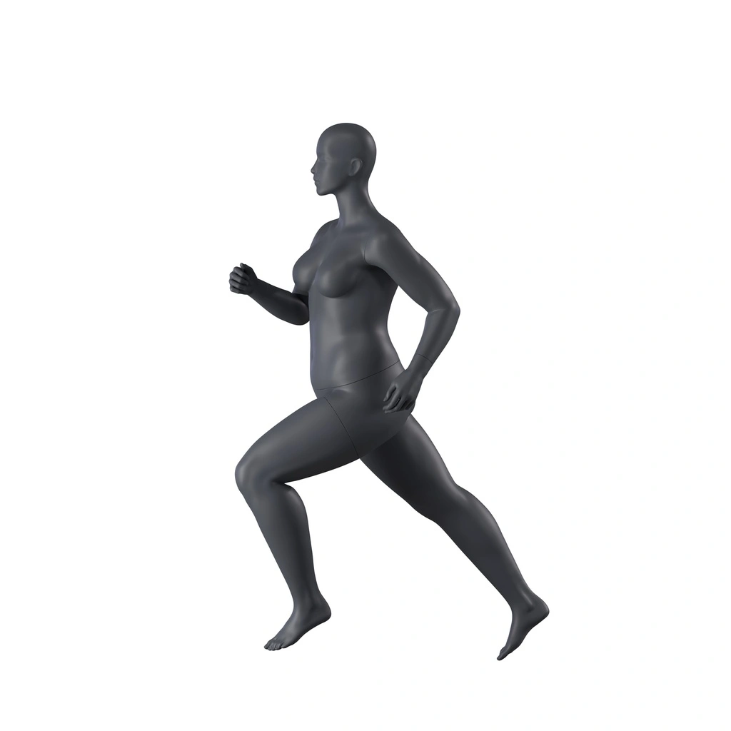 Lopende volslanke sport dames mannequin, grafiet grijs, gestilleerd hoofd, staande pose 32