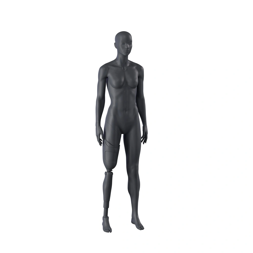 Sport dames mannequin met beenprothese, grafiet grijs, gestilleerd hoofd, staande pose 101