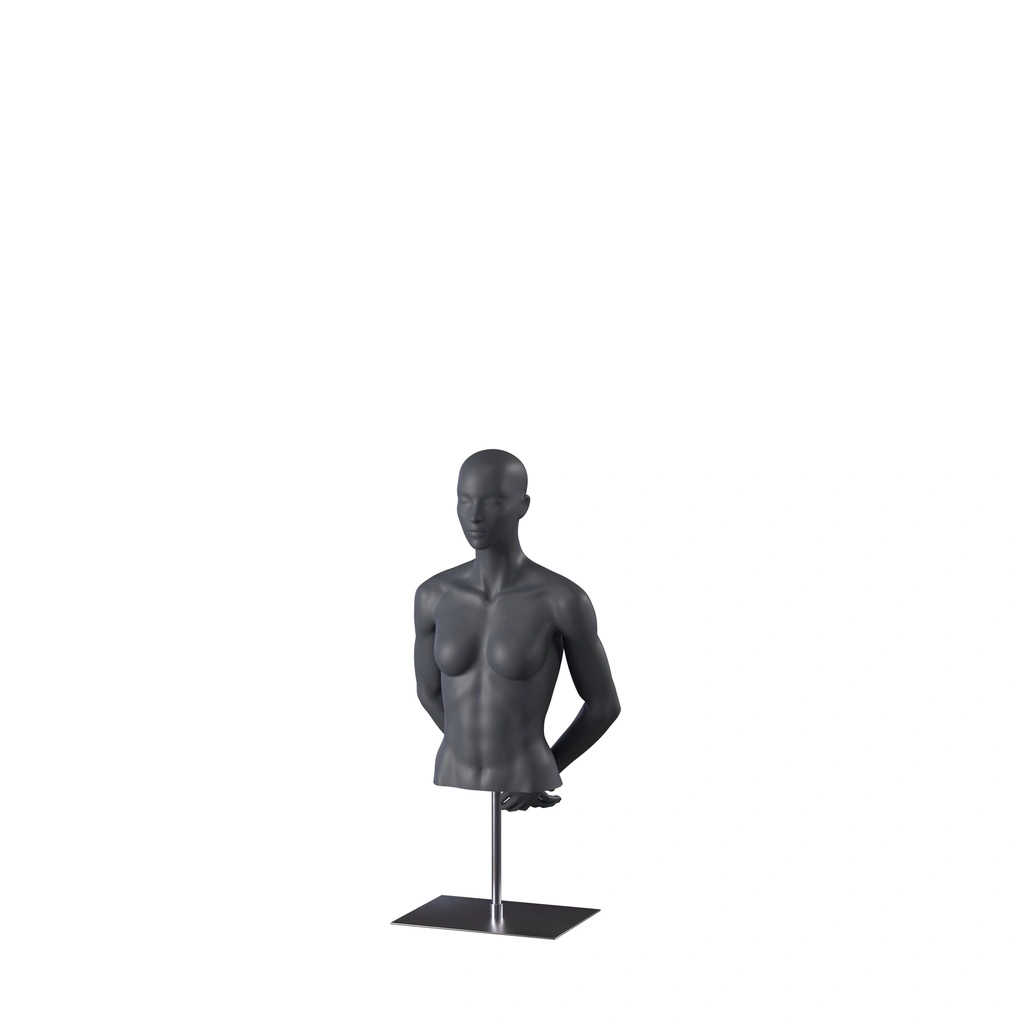 Sport damesbuste zonder benen, grafiet grijs, metalen sokkel, gestilleerd hoofd, pose 252 