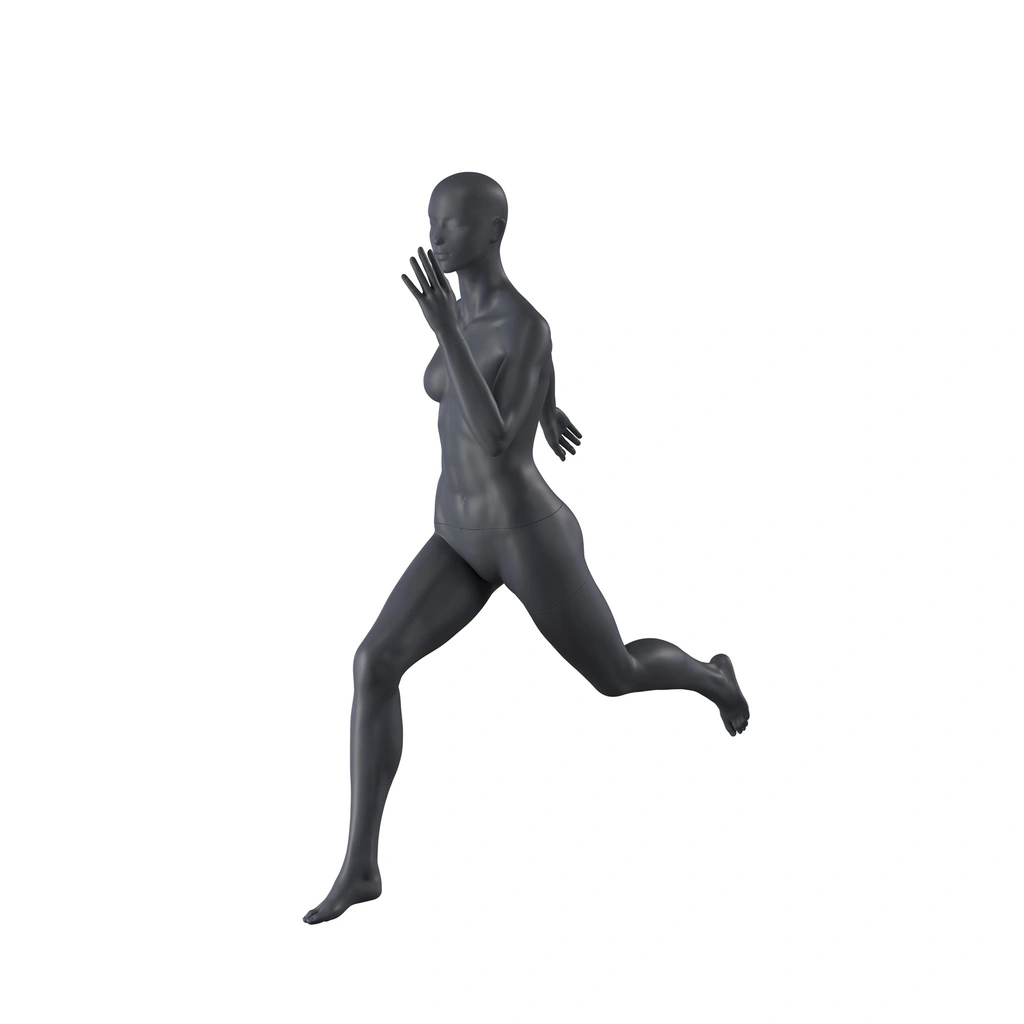 Sprinter sport dames mannequin, grafiet grijs, gestilleerd hoofd, staande pose 25