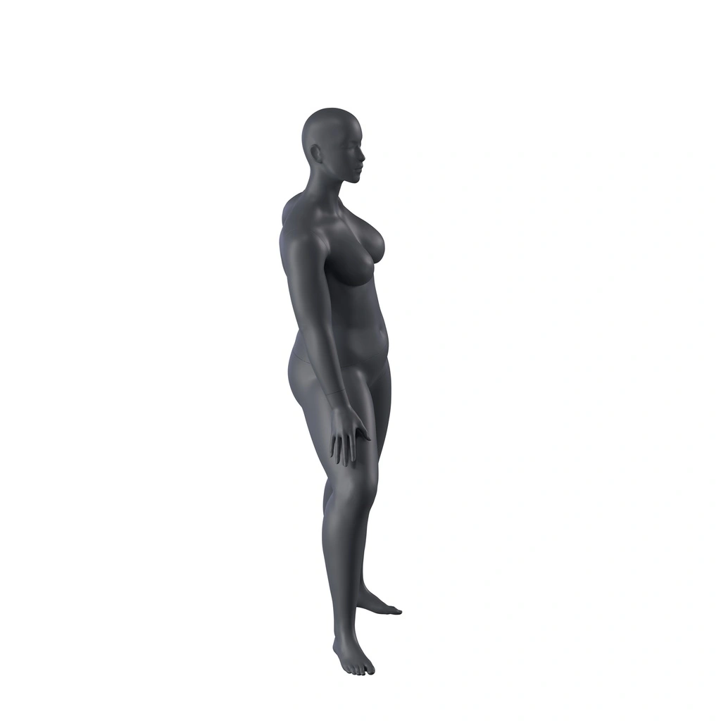 BINK - Stretching plus size sport mannequin, female, graphite grey, stylised head, standing pose 31