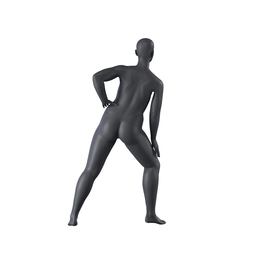 BINK - Stretching plus size sport mannequin, female, graphite grey, stylised head, standing pose 31