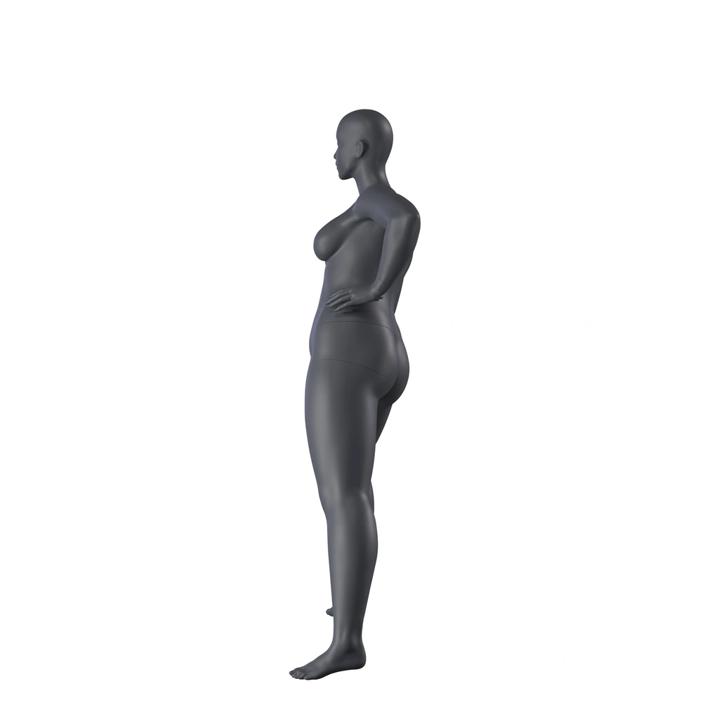 BINK - Stretching plus size sport mannequin, female, graphite grey, stylised head, standing pose 31