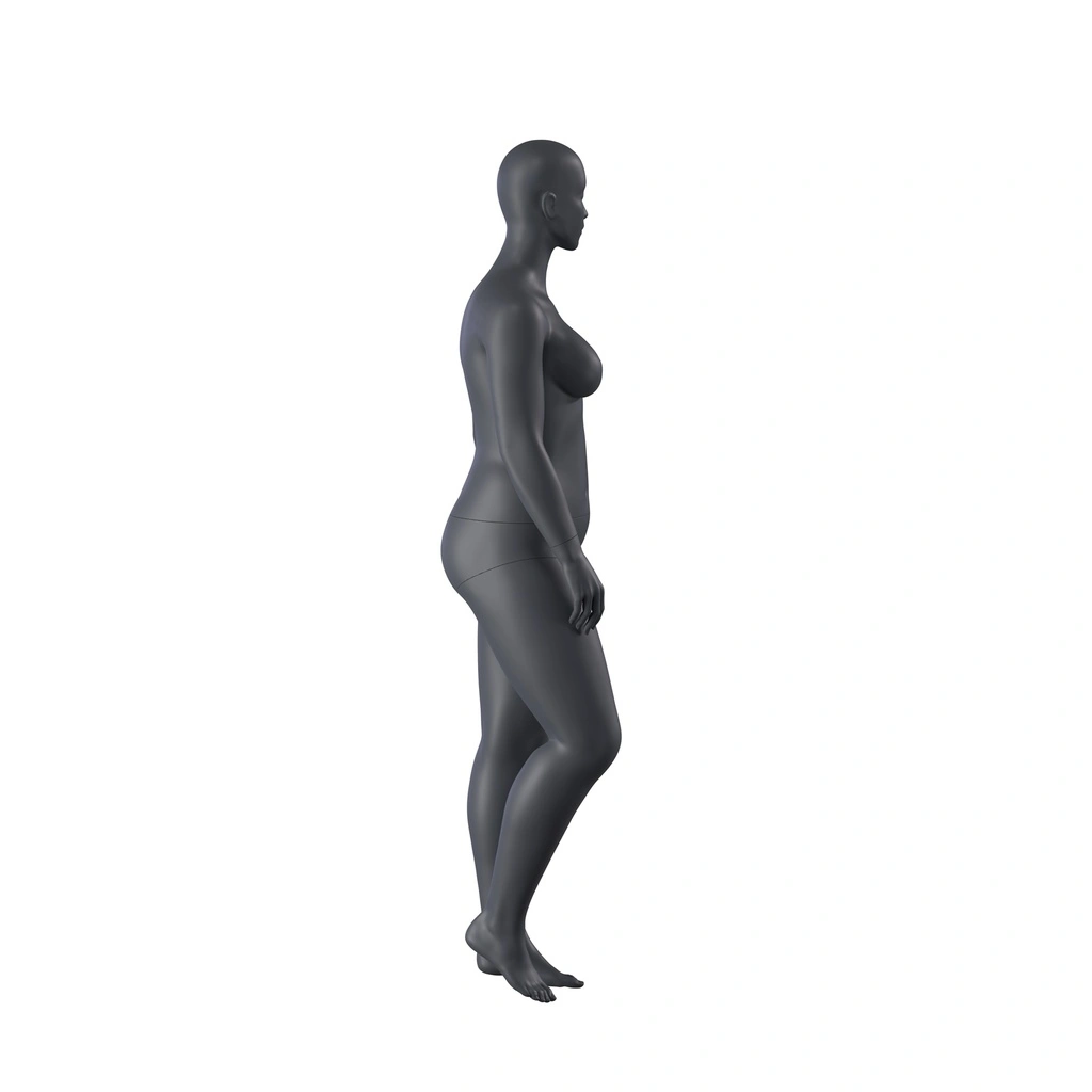 Volslanke sport dames mannequin, grafiet grijs, gestilleerd hoofd, staande pose 29