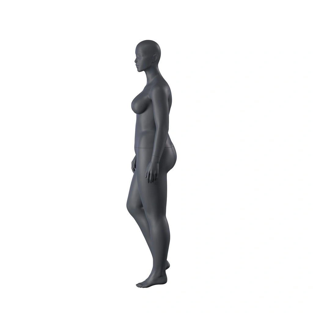 Volslanke sport dames mannequin, grafiet grijs, gestilleerd hoofd, staande pose 29