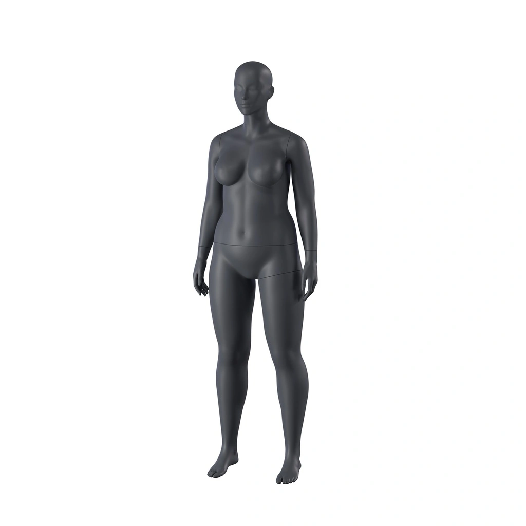 Volslanke sport dames mannequin, grafiet grijs, gestilleerd hoofd, staande pose 33 