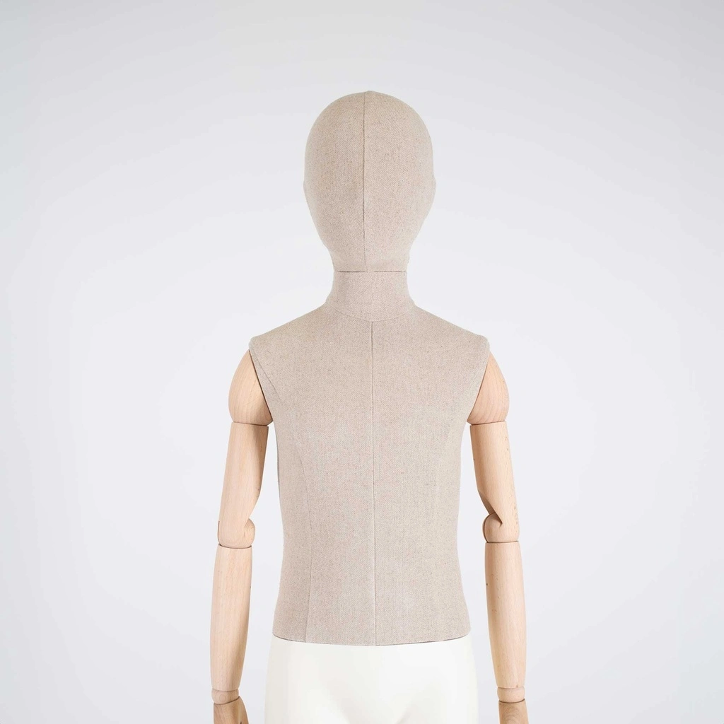 Vintage kinder paspop, houten armen, overtrokken met stof, 10 jaar, staande pose 77