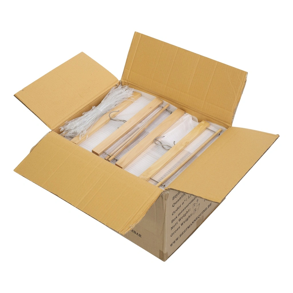Kledinghanger voor broeken, lotushout naturel gelakt, 36 cm breedte, matte haak - doos van 100 stuks