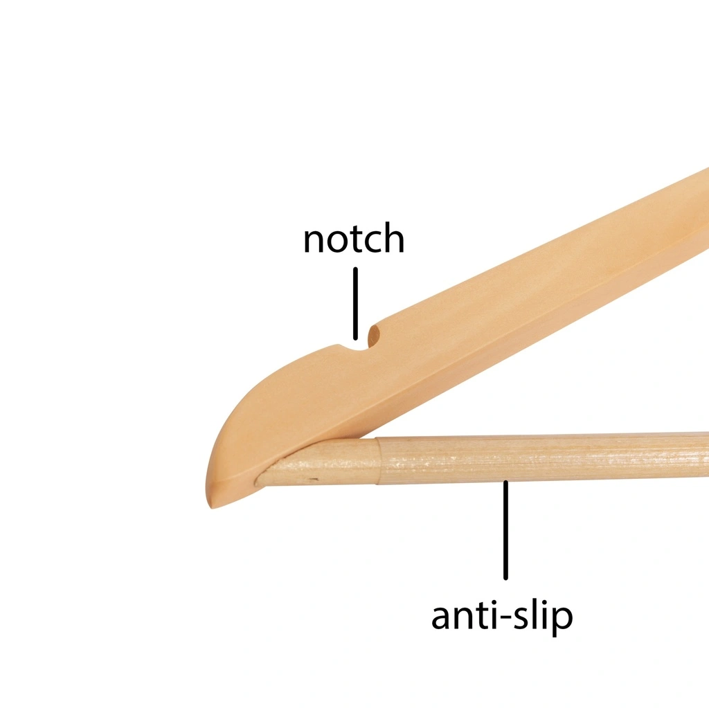 Kledinghanger met anti slip broeklat lotushout naturel gelakt voor dames en heren kledij, 44 cm breedte, blinkende haak - doos van 100 st