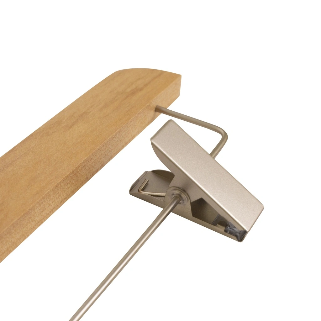 Kledinghanger met clips voor volwassenkledij, lotushout naturel gelakt, 36 cm breedte, matte haak - doos van 50 stuks.