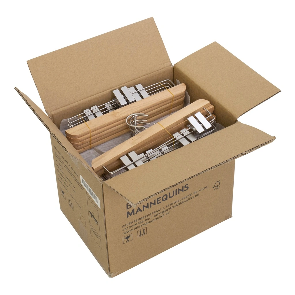 Kledinghanger met clips voor volwassenkledij, lotushout naturel gelakt, 36 cm breedte, matte haak - doos van 50 stuks.