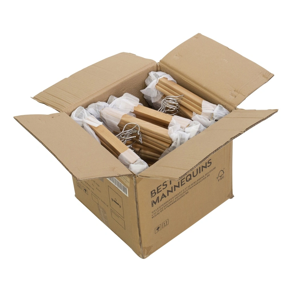 Kledinghanger met clips voor volwassenkledij, lotushout naturel gelakt, 34 cm breedte, matte haak - doos van 100 stuks.