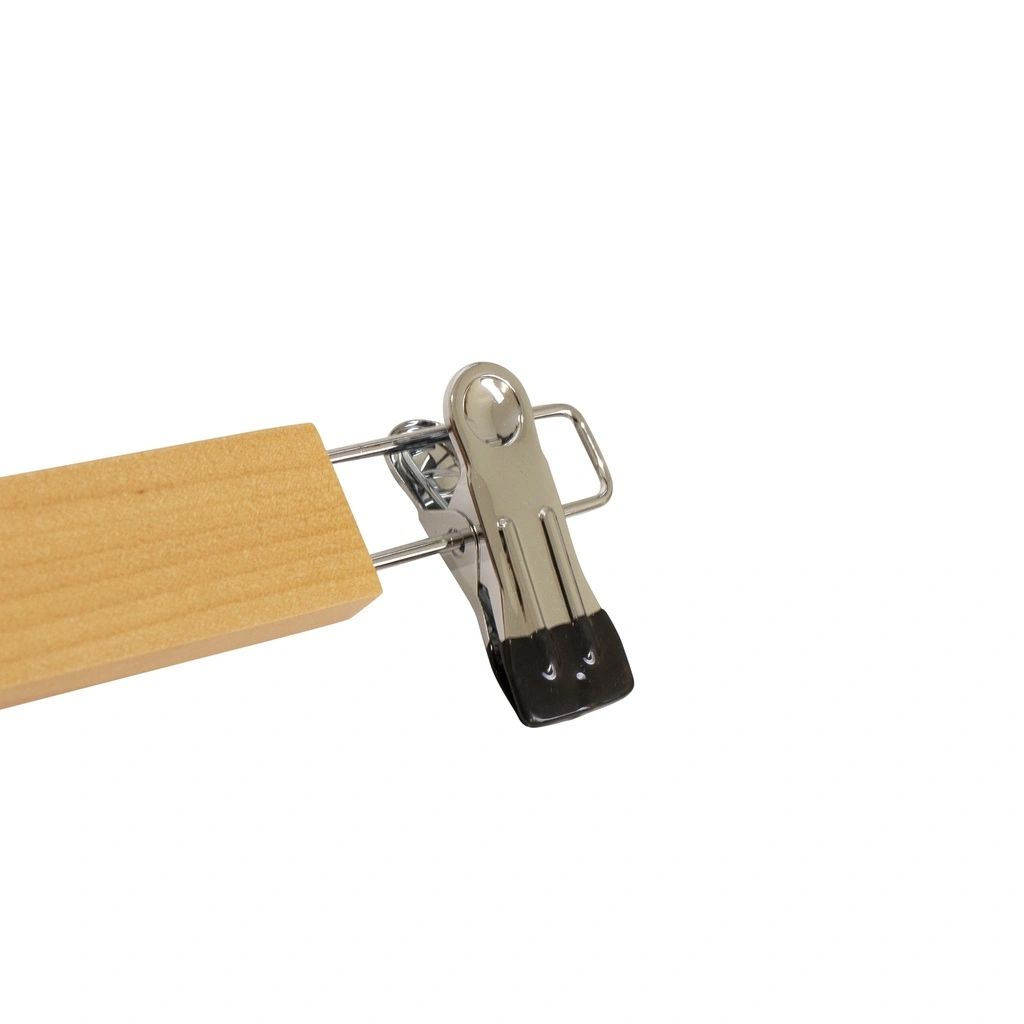 Kledinghanger met clips voor kinderkledij, lotushout naturel gelakt, 28 cm breedte, blinkende haak - doos van 100 stuks.