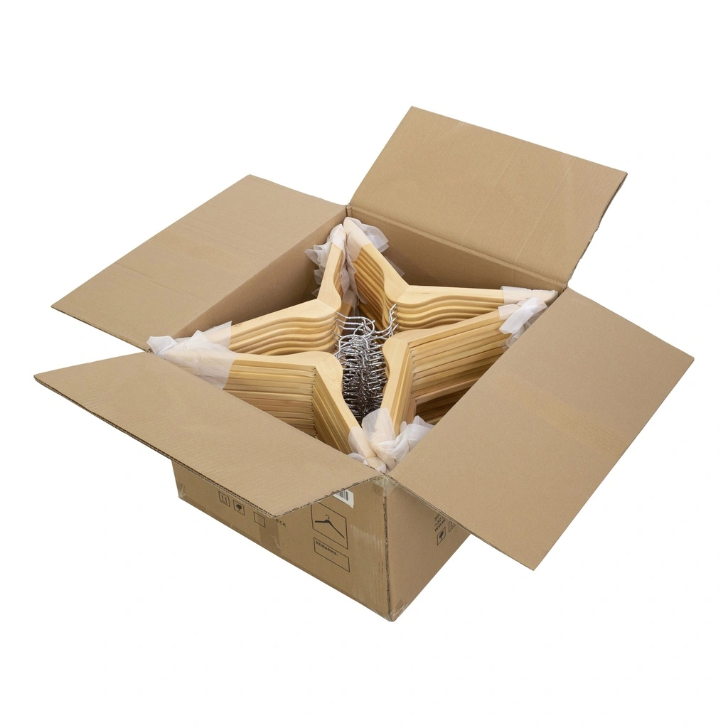 Kledinghanger lotushout naturel gelakt voor dames en heren kledij, 44 cm breedte, blinkende haak - doos van 100 st