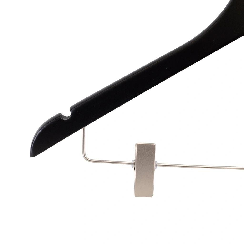 Zwarte kleerhanger met clips voor kostuum, 44 cm breedte, nikkel haak - doos van 100 stuks.