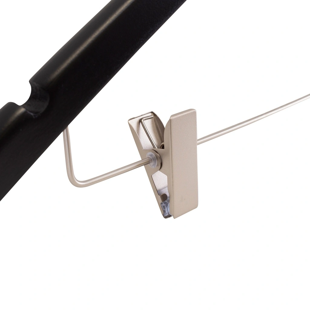 Zwarte kleerhanger met clips voor kostuum, 44 cm breedte, nikkel haak - doos van 100 stuks.