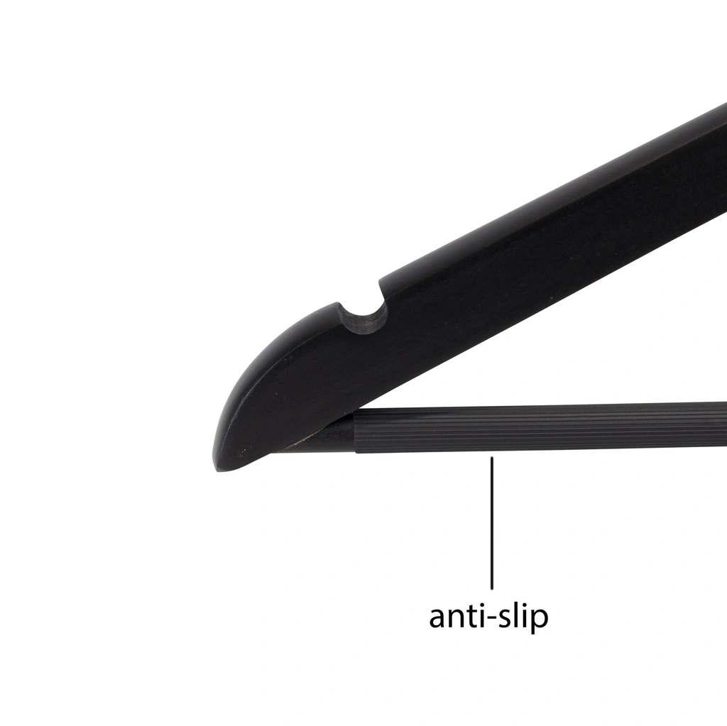 Zwarte kleerhanger met anti slip broeklat voor bloes/shirt, 44 cm breedte, nikkel haak - doos van 100 stuks.