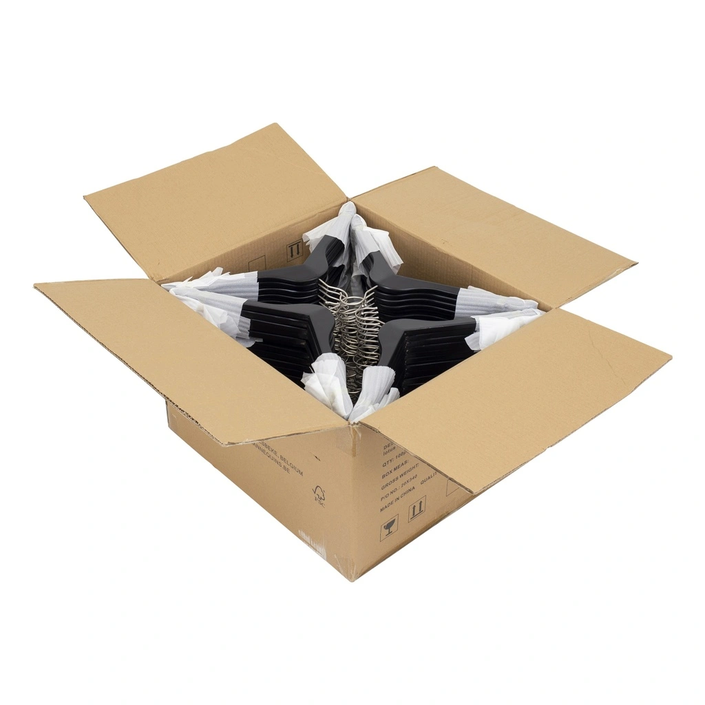 Zwarte kleerhanger voor bloes/shirt, 44 cm breedte, nikkel haak - doos van 100 stuks.