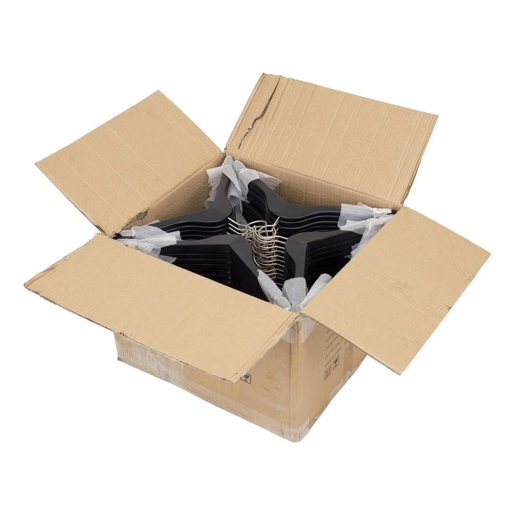 Zwarte kleerhanger voor bloes/shirt, 41 cm breedte, nikkel haak - doos van 100 stuks.