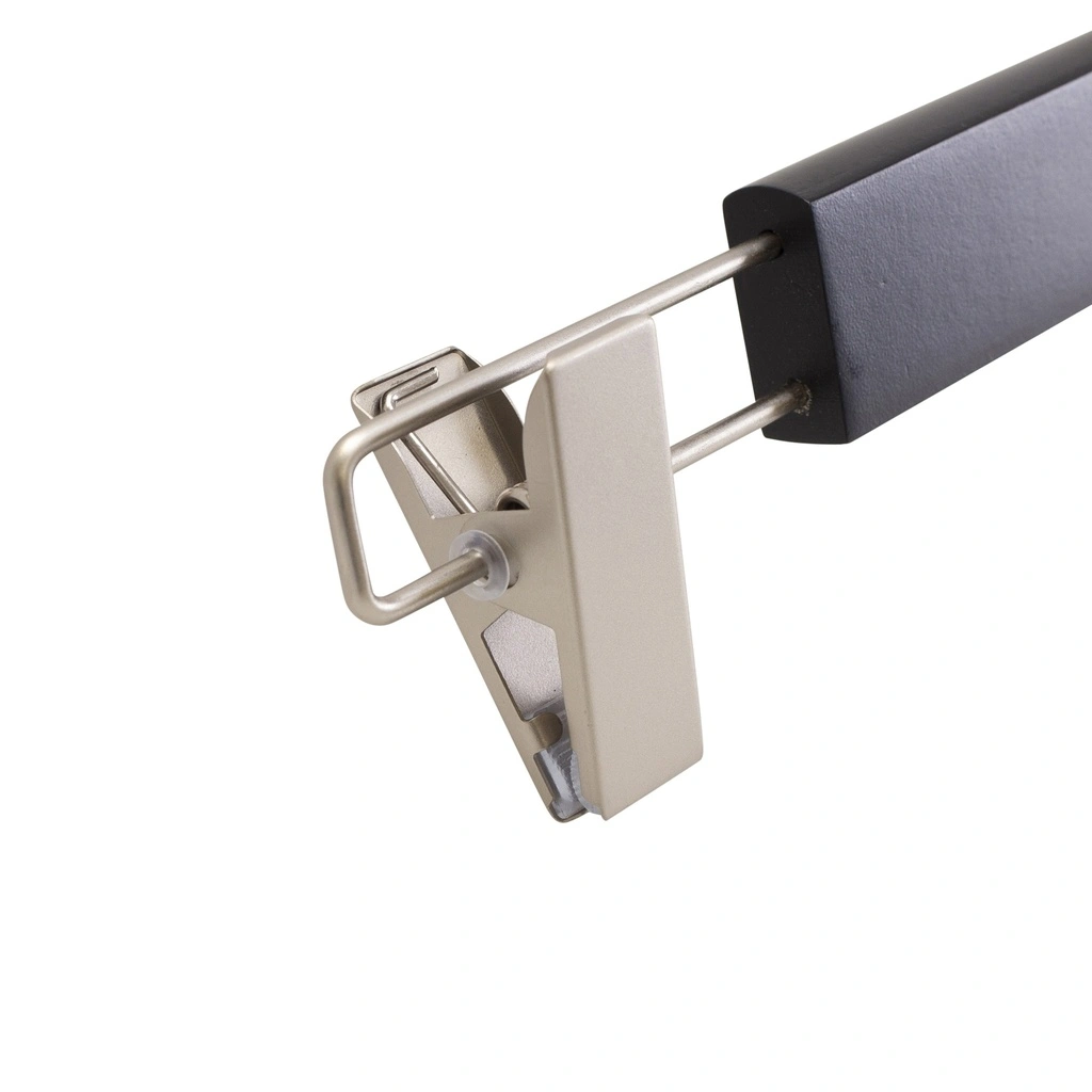 Zwarte kleerhanger met clips voor broeken/rokken, 38 cm breedte, nikkel haak - doos van 100 stuks.