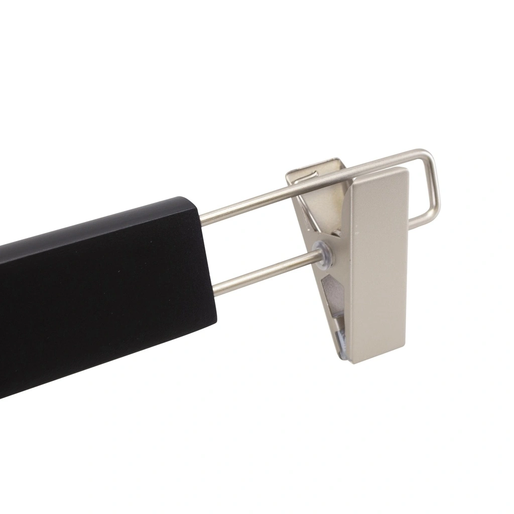 Zwarte kleerhanger met clips voor broeken/rokken, 38 cm breedte, nikkel haak - doos van 100 stuks.