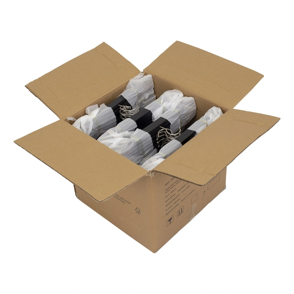Zwarte kleerhanger met clips voor broeken/rokken, 38 cm breedte, nikkel haak - doos van 100 stuks.