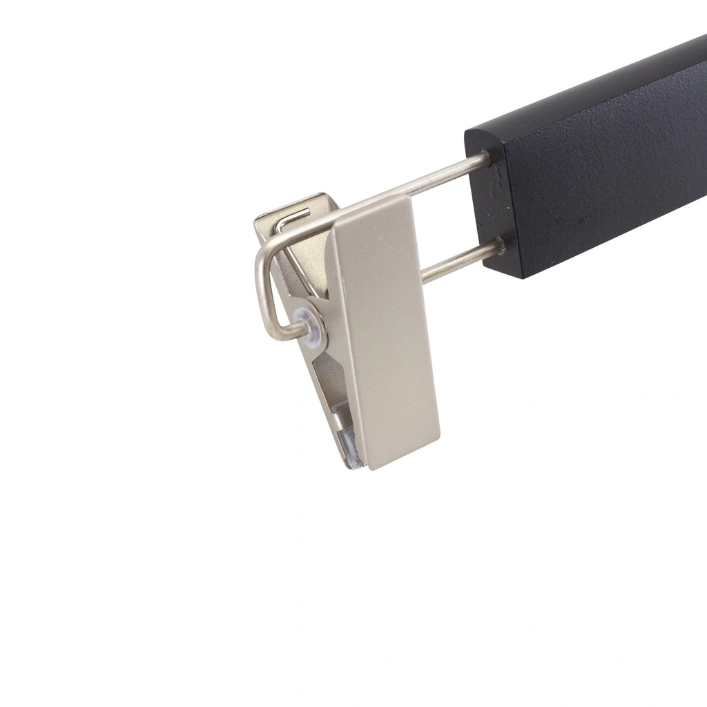 Zwarte kleerhanger met clips voor broeken/rokken, 34 cm breedte, nikkel haak - doos van 100 stuks.