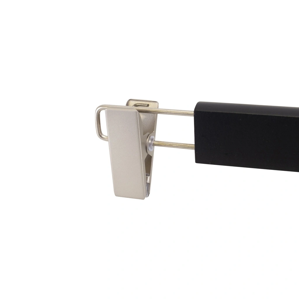 Zwarte kleerhanger met clips voor broeken/rokken, 34 cm breedte, nikkel haak - doos van 100 stuks.