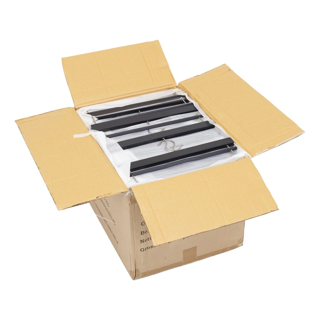 Zwarte kleerhanger voor broeken / rokken, 36 cm breedte, nikkel haak - doos van 100 stuks.