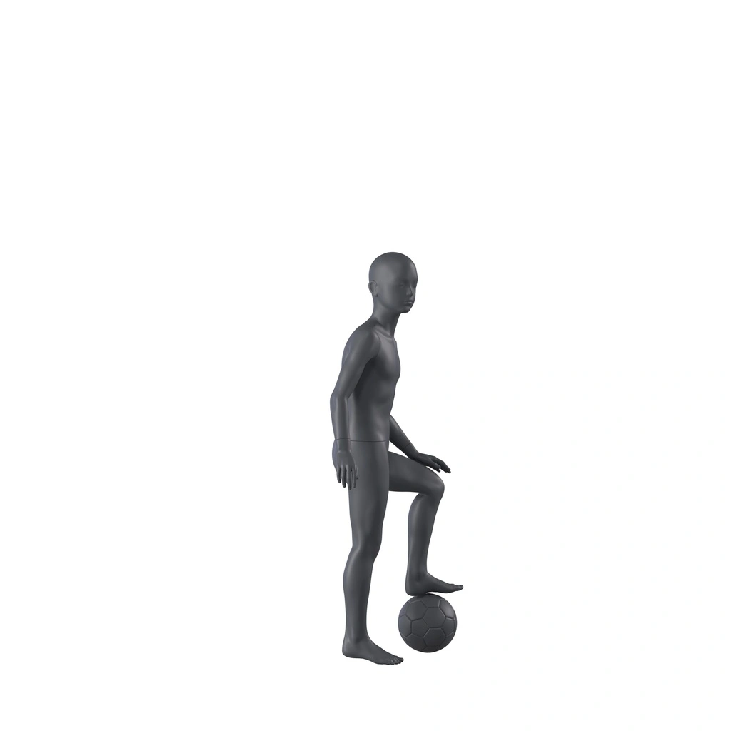 Sport mannequin kind, grafiet grijs, 8 jaar, gestilleerd hoofd, voetbal houding 610