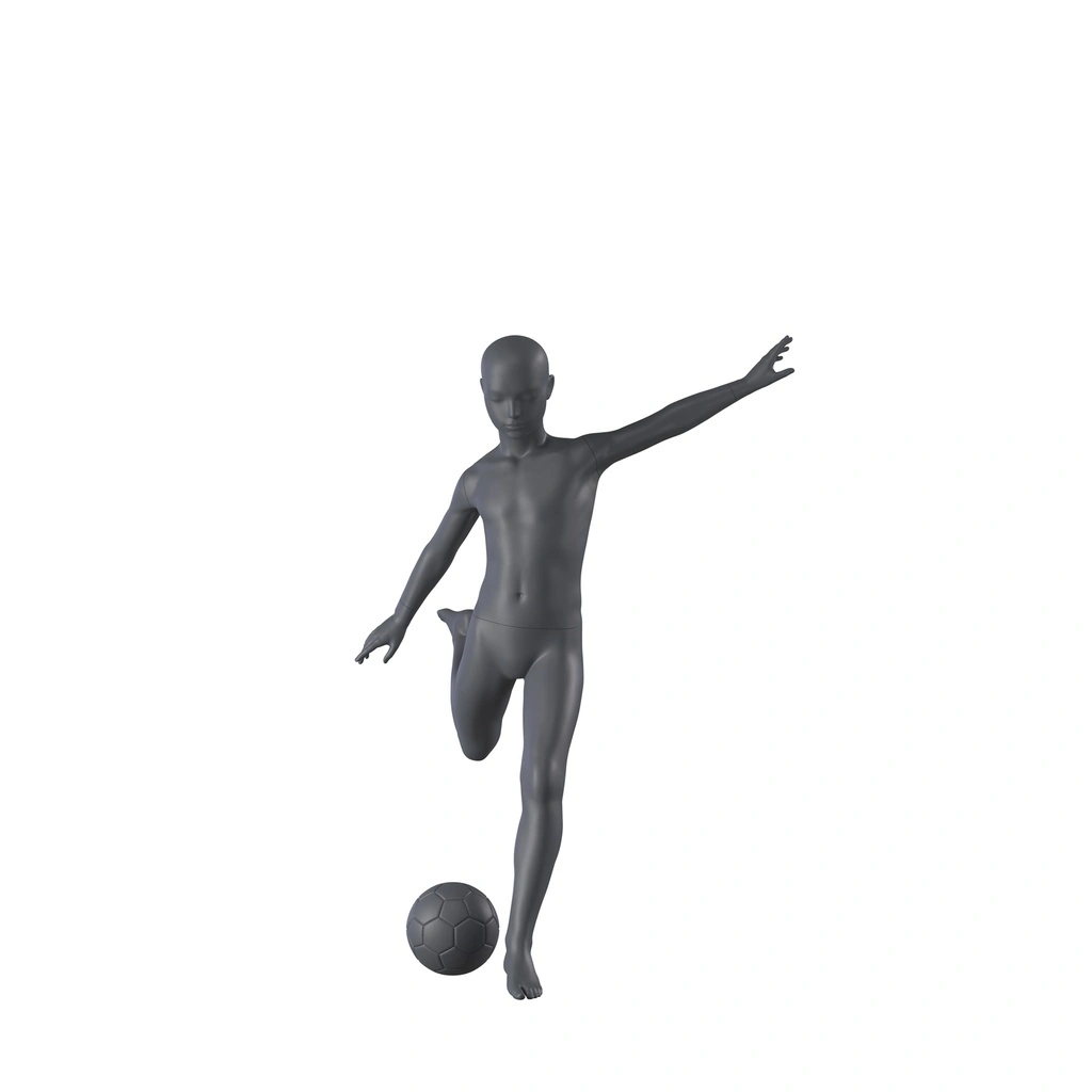 Sport mannequin kind, grafiet grijs, 10 jaar, gestilleerd hoofd, voetbal pose 613