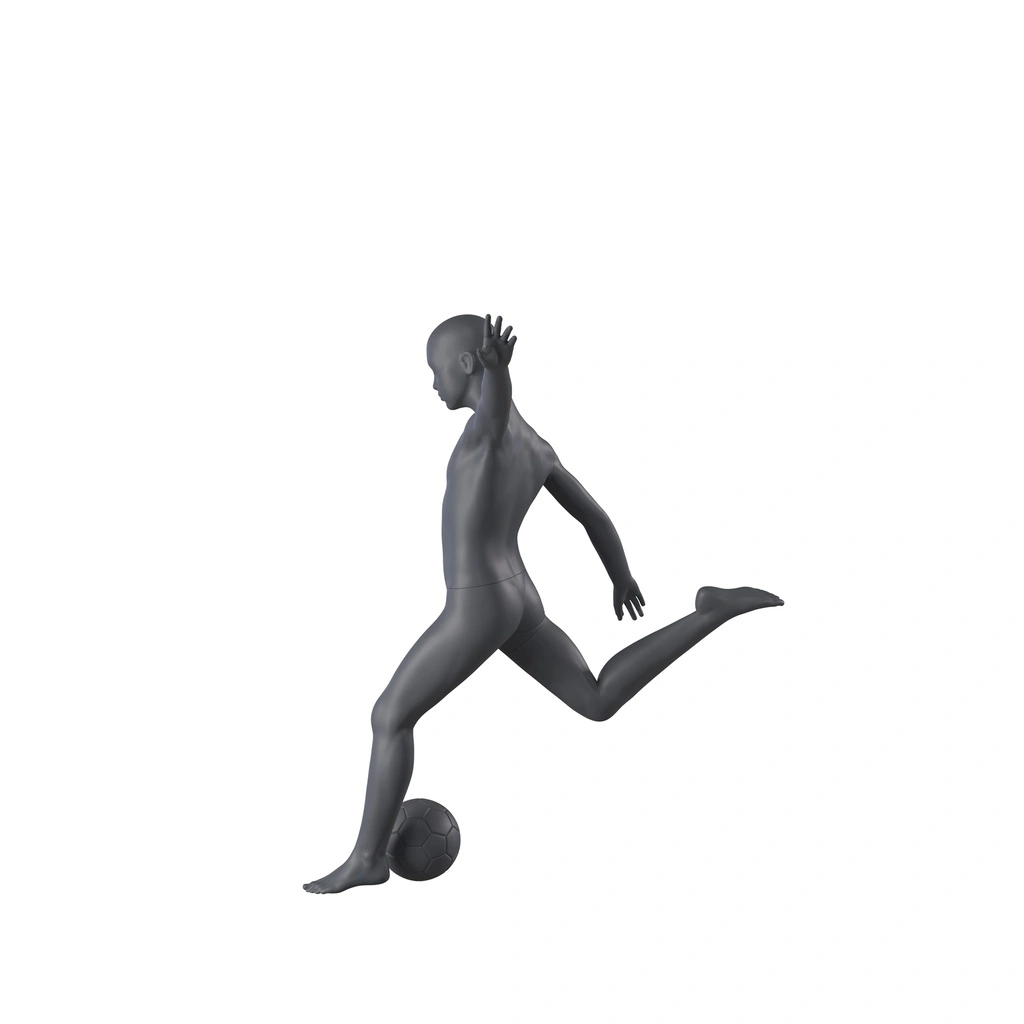 Sport mannequin kind, grafiet grijs, 10 jaar, gestilleerd hoofd, voetbal pose 613