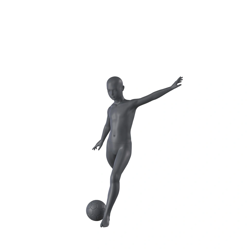 Sport mannequin kind, grafiet grijs, 10 jaar, gestilleerd hoofd, voetbal pose 613