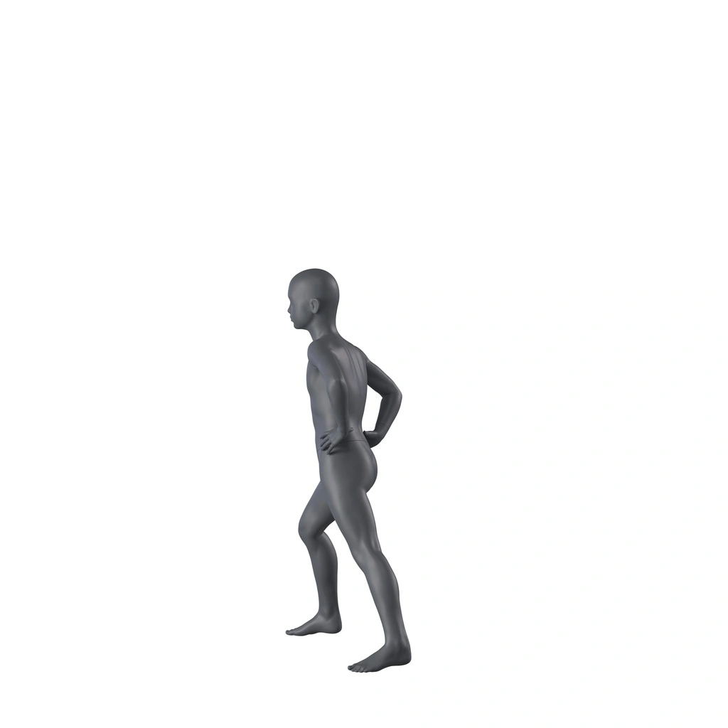 Sport mannequin kind, grafiet grijs, 8 jaar, gestilleerd hoofd, stretchende houding 612