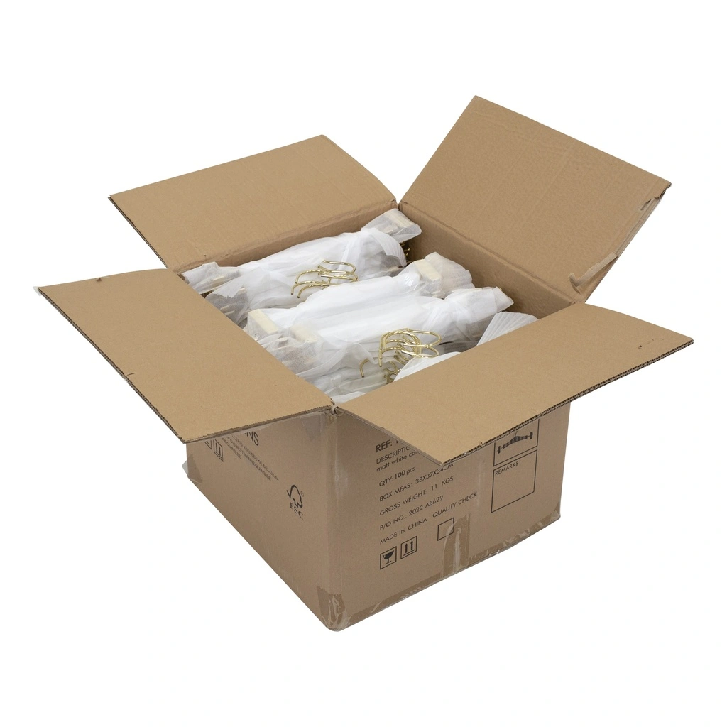 Witte kledinghanger voor broeken met knijpers, 34 cm, blinkend gouden haak - doos van 100 stuks