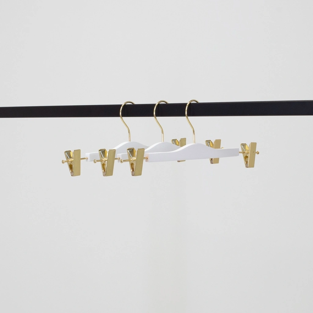 Witte kledinghanger voor broeken met knijpers, 34 cm, blinkend gouden haak - doos van 100 stuks
