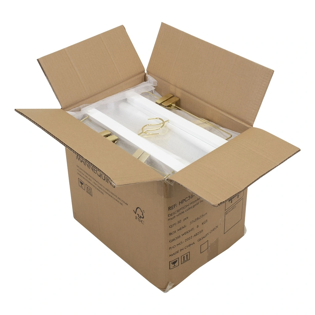 Witte kledinghanger voor rokken met knijpers, 36 cm, blinkend gouden haak - doos van 50 stuks