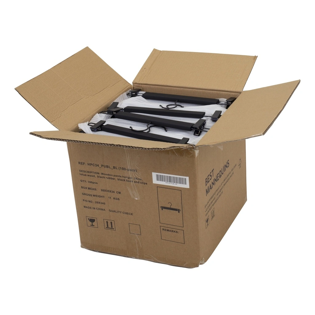 Zwarte soft touch kleerhanger met clips voor broeken/rokken, 34 cm breedte, zwarte haak - doos van 100 stuks.