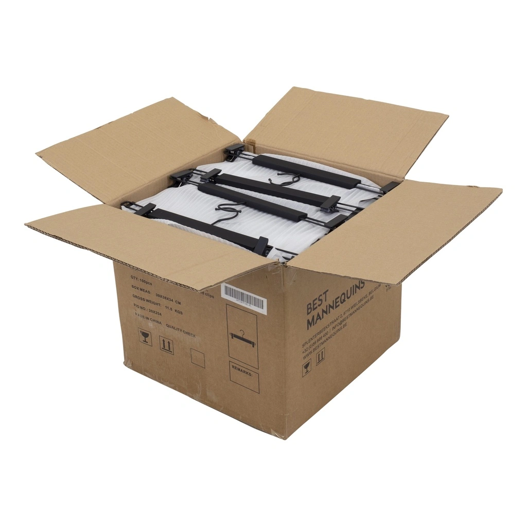 Zwarte soft touch kleerhanger met clips voor broeken/rokken, 38 cm breedte, zwarte haak - doos van 100 stuks.