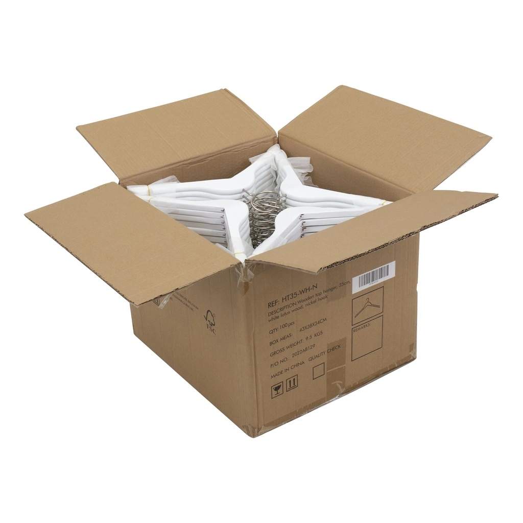 Witte kapstok voor kinderkledij, 35 cm breedte, nikkel haak - doos van 100 stuks.
