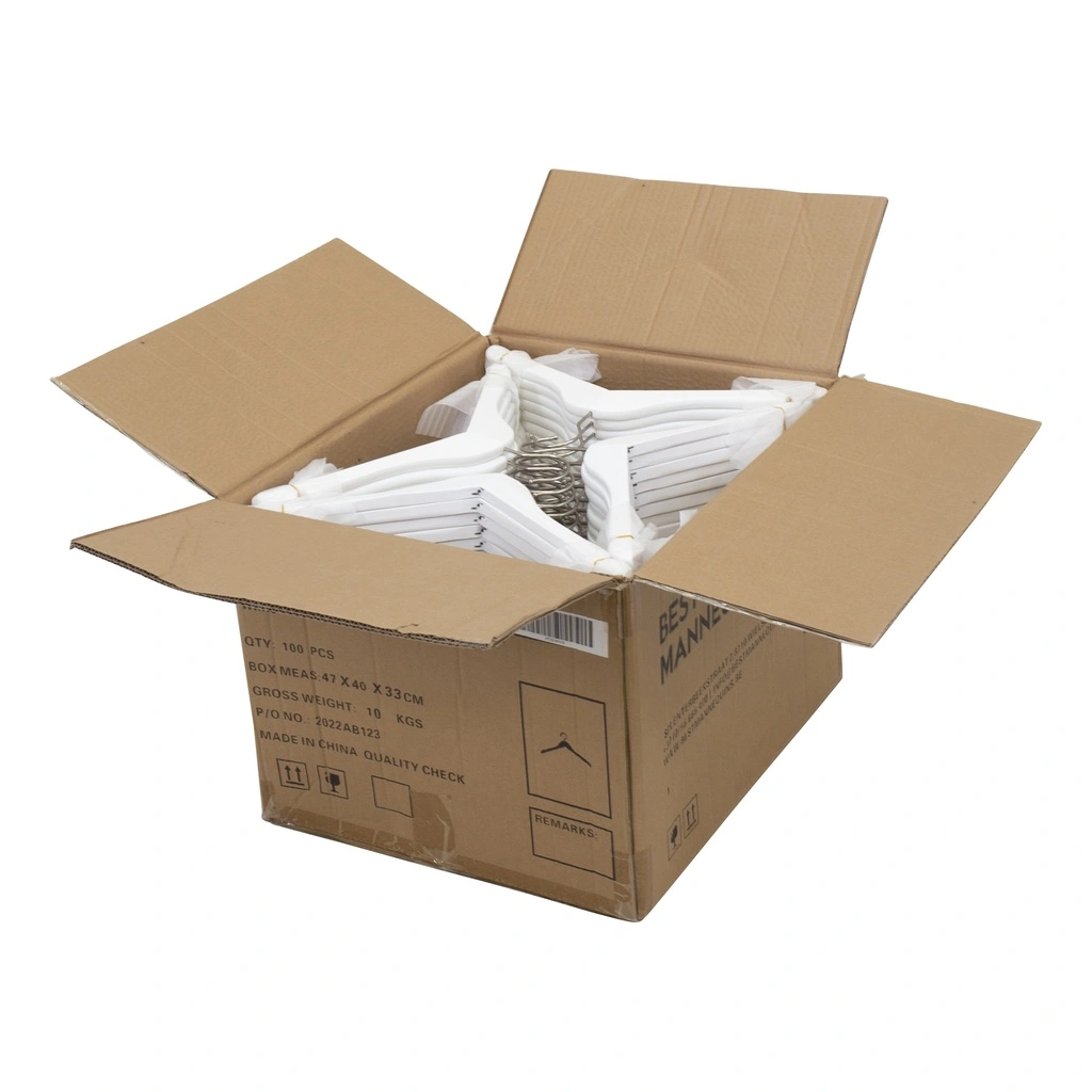 Witte kapstok voor dameskledij, 38 cm breedte, nikkel haak - doos van 100 stuks.