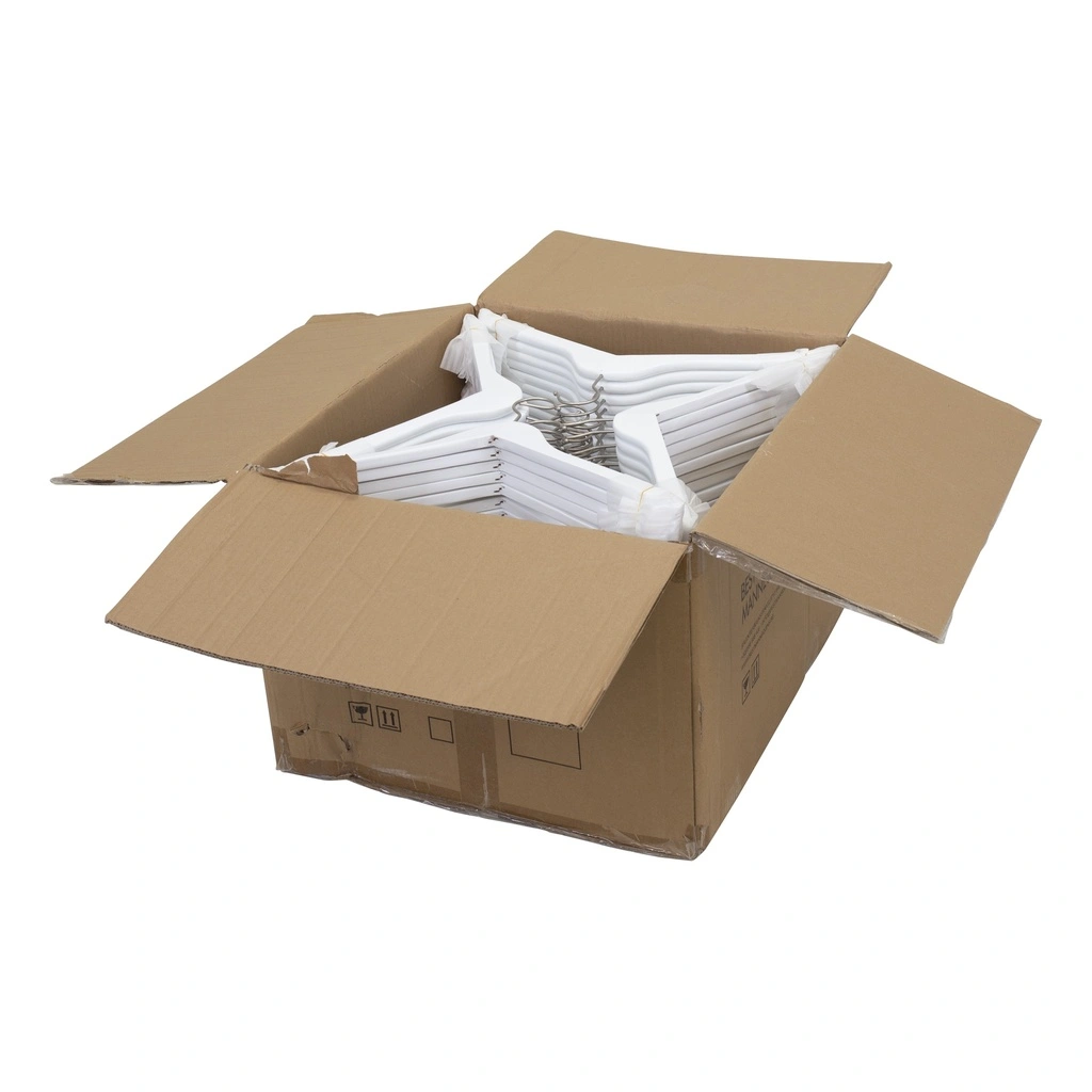 Witte kapstok voor volwassenen, 44 cm breedte, nikkel haak - doos van 100 stuks.