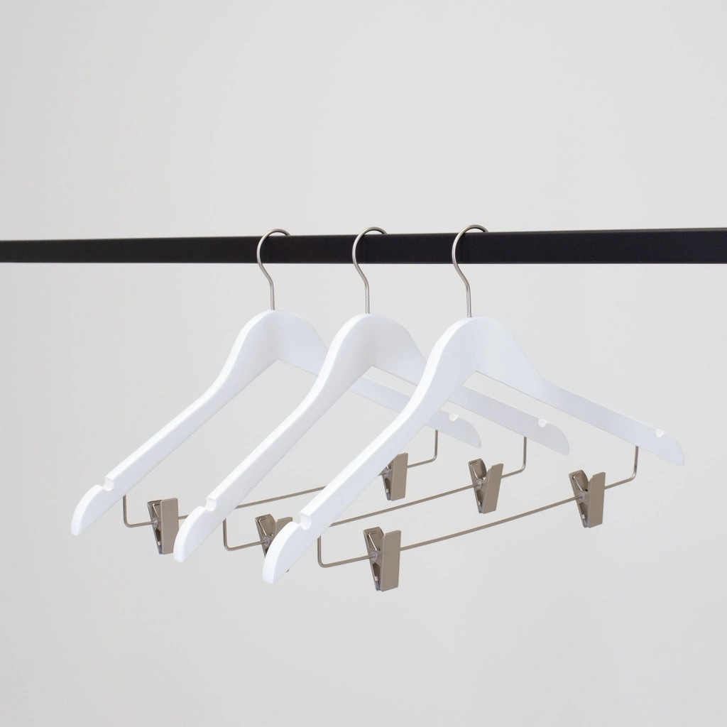 Witte kapstok met clips voor volwassenen, 44 cm breedte, nikkel haak - doos van 100 stuks.