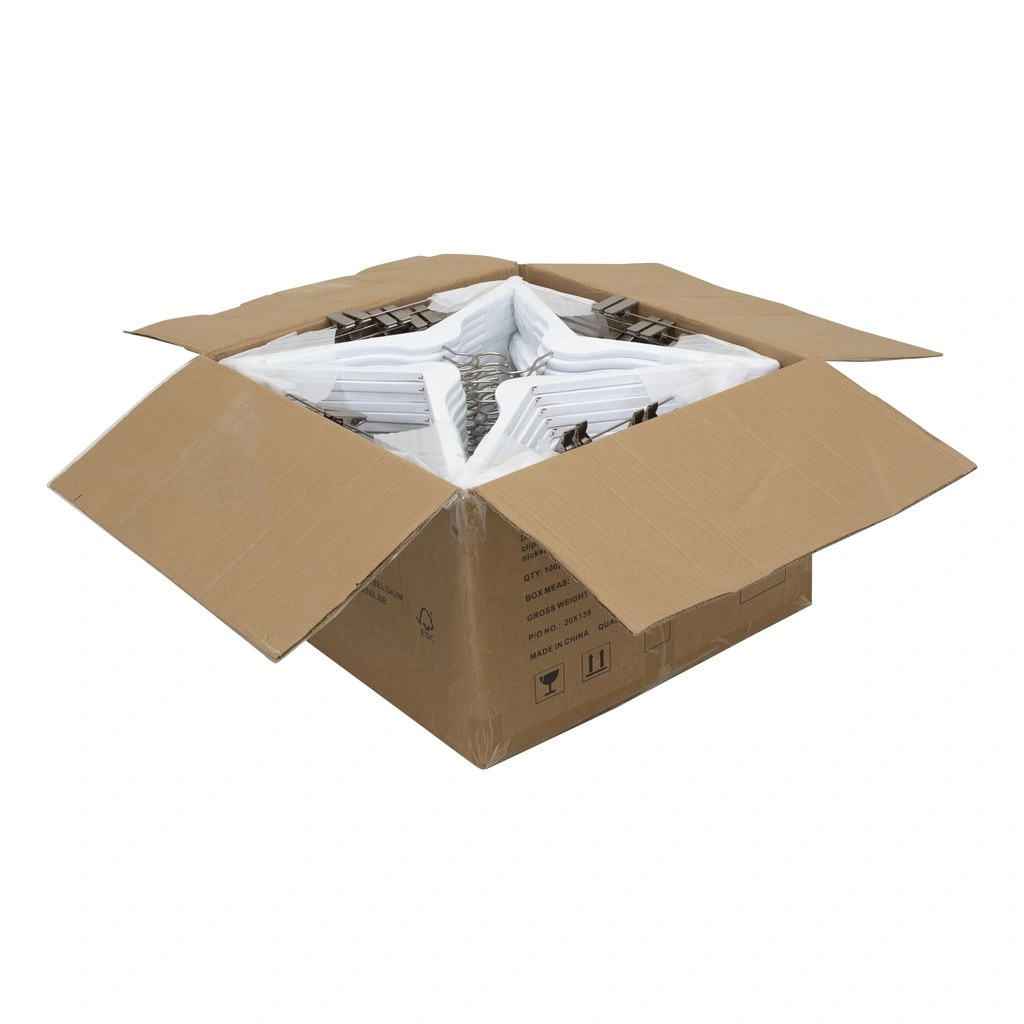 Witte kapstok met clips voor volwassenen, 44 cm breedte, nikkel haak - doos van 100 stuks.