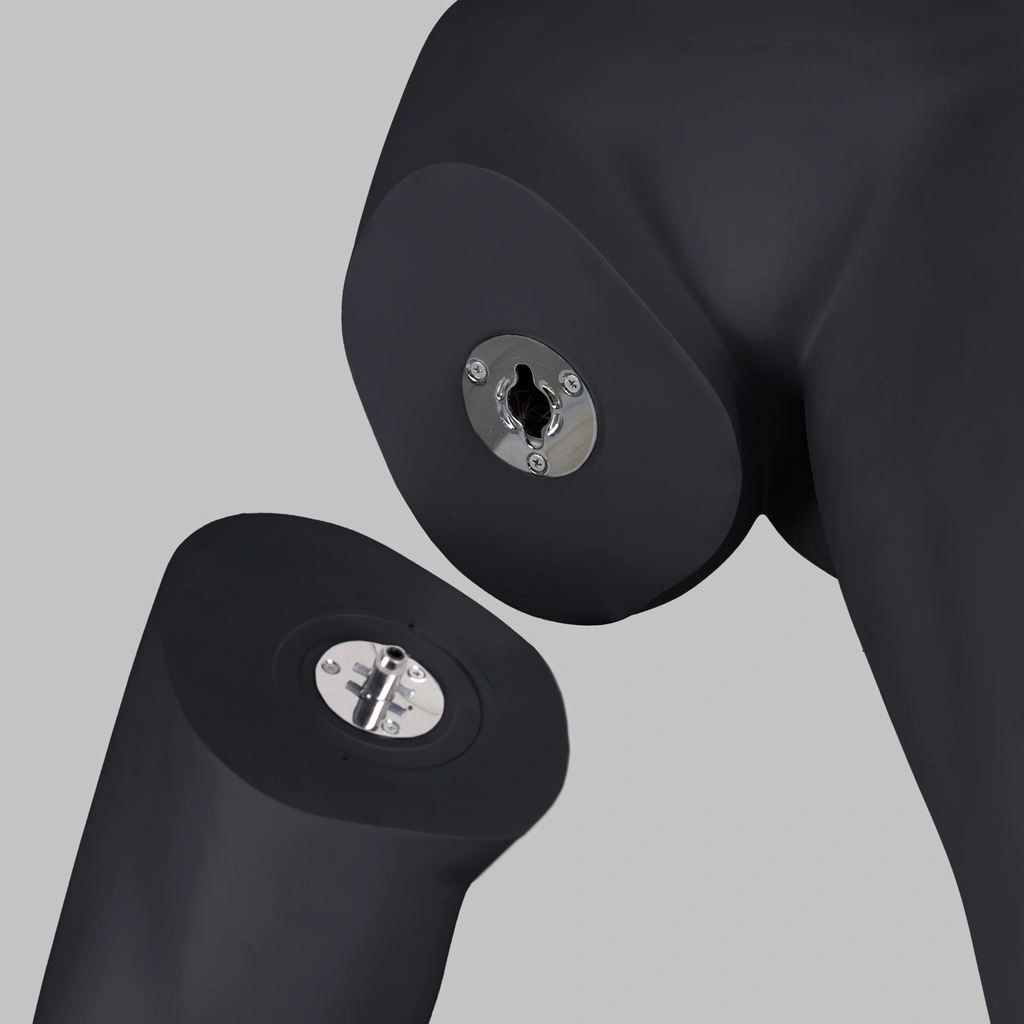 BINK - Stretching plus size sport mannequin, female, graphite grey, stylised head, standing pose 31
