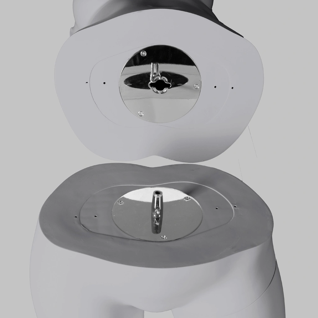 Lopende volslanke sport dames mannequin, grijs, abstract hoofd, staande pose 32