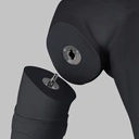 Sport dames mannequin met beenprothese, grafiet grijs, gestilleerd hoofd, staande pose 101