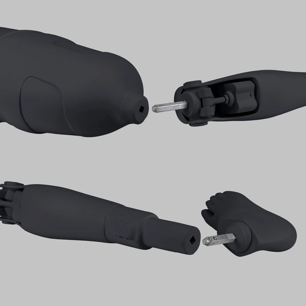 Sport dames mannequin met beenprothese, grafiet grijs, gestilleerd hoofd, staande pose 101